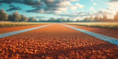 Running track in a sports field under a blue sky with clouds during late afternoon sunlight photo