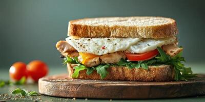 Delicious sandwich with grilled chicken, fresh vegetables, and a sunny side up egg served on whole grain bread photo