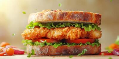 Crispy chicken sandwich with fresh vegetables on artisanal bread served at a casual dining location photo
