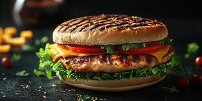 Grilled chicken burger with fresh vegetables and cheese served on a dark background photo