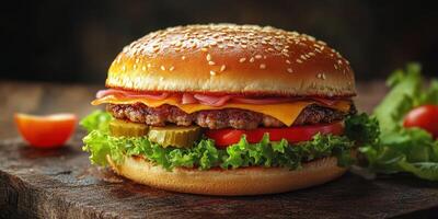 Juicy hamburger with fresh vegetables served on a wooden table for a delicious meal experience photo