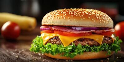 Juicy grilled burger with fresh toppings on a wooden table setting in a cozy environment photo