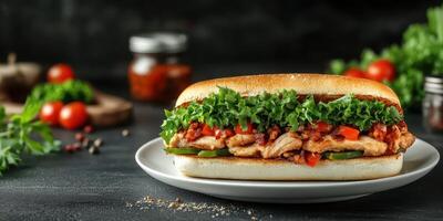 Delicious chicken sandwich topped with fresh vegetables on a plate with various ingredients in the background photo