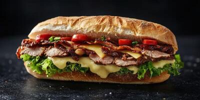 Succulent sandwich filled with roasted meat, fresh lettuce, and tomatoes, presented on a rustic wooden surface photo