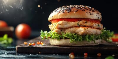 Juicy grilled chicken burger with fresh vegetables on a dark wooden board photo