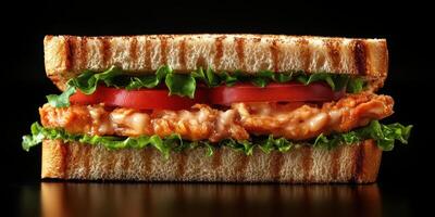 Crispy chicken sandwich with fresh vegetables on toasted bread against a black background photo