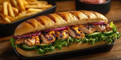 Delicious grilled chicken sub sandwich with fresh vegetables and crispy fries served in a cozy restaurant setting photo
