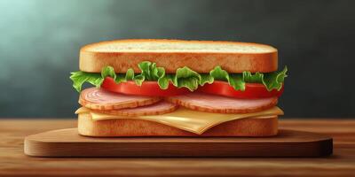 Delicious sandwich with layers of meat, cheese, and fresh vegetables served on a wooden board in a cozy setting photo
