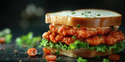 Crispy chicken sandwich stacked with fresh lettuce and tomatoes on a wooden table photo
