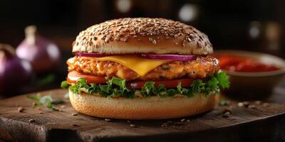 Juicy chicken burger with melting cheese and fresh vegetables served on a wooden table photo