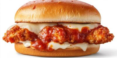 Spicy chicken sandwich with creamy mayo and tangy sauce served on a fluffy bun photo