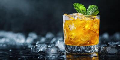 Refreshing cocktail with ice and mint placed on a dark surface in a cozy bar setting photo