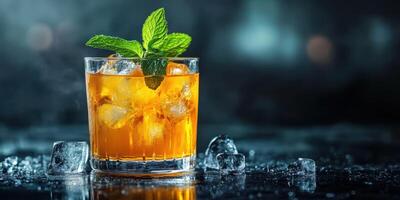 Refreshing cocktail with mint leaves served on ice in a stylish glass during a nightlife setting photo