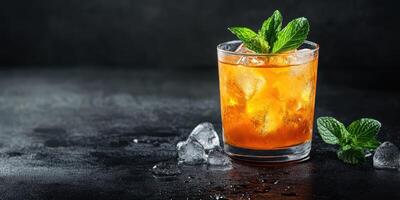 Refreshing cold drink garnished with mint leaves on a dark surface during a summer evening gathering photo