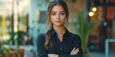 Confident young woman standing with arms crossed in modern cafe during daytime photo