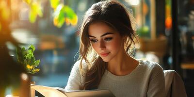 Young woman reading a book in a cozy cafe with sunlight filtering through the window photo
