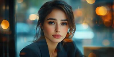 Beautiful woman with soft gaze in a cozy cafe on a bustling city street during evening hours photo
