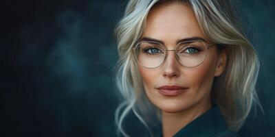 Portrait of a woman with stylish glasses and blonde hair in a softly lit setting photo