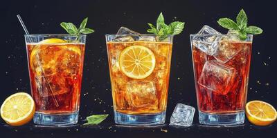 Refreshing iced tea drinks with citrus and mint served in clear glasses photo