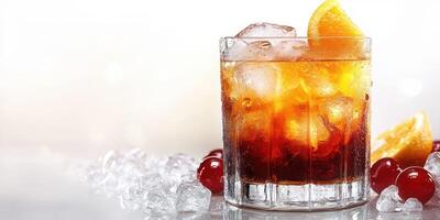 Refreshing cocktail served in a glass filled with ice, garnished with orange slices and cherries at a summer gathering photo