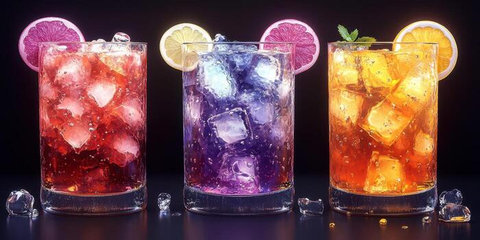 Colorful refreshing drinks with ice and citrus garnishes in a dark setting photo
