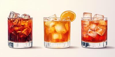 Colorful cocktails with ice garnished with citrus on a light background at a summer gathering photo