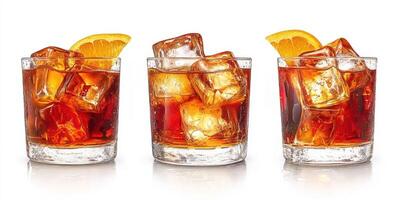 Delicious cocktails on a clean surface with ice and orange garnishes ready for a social gathering or relaxing evening photo