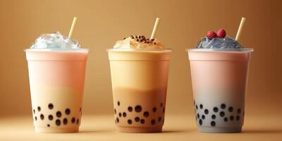 Colorful bubble tea drinks arranged artistically on a warm background photo