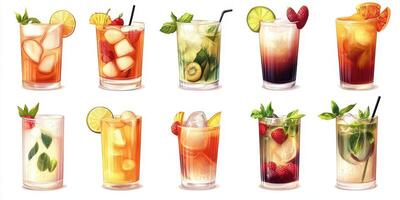 Colorful collection of refreshing cocktails arranged on a white background for summer enjoyment photo
