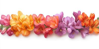 Colorful freesia flowers arranged in a vibrant display showcasing their beauty and variety in shape and hue photo