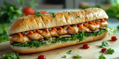 Delicious chicken sandwich made with fresh ingredients and served on a wooden board photo