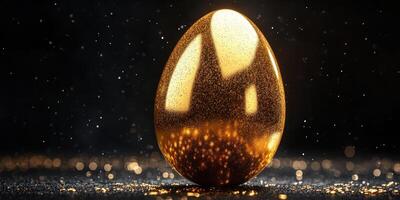 Golden egg glimmers under soft light with sparkling background of glittering particles photo