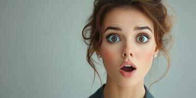 Expressions of surprise captured in a close-up portrait of a woman with dark hair and striking blue eyes photo