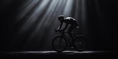 Cyclist in silhouette explores mysterious surroundings under dramatic light photo