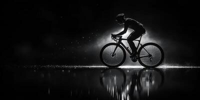Cyclist navigating through rain with dramatic lighting effect at night photo