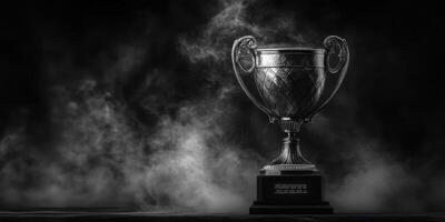 Shiny silver trophy placed on a pedestal surrounded by a smoky atmosphere in a dramatic setting photo