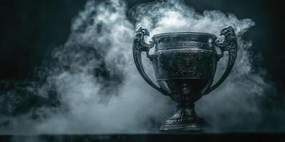Shiny victory trophy shrouded in dramatic smoke against a dark background photo