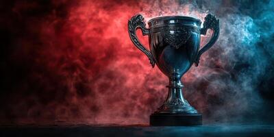 Shiny silver trophy on a dark background illuminated by vibrant blue and red smoke during a competitive event photo