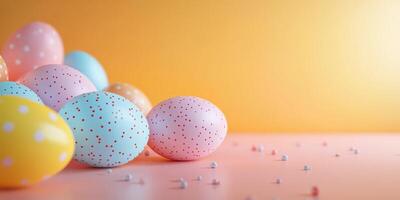 Colorful decorated eggs with polka dots arranged on a pastel backdrop for spring celebration photo