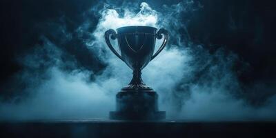 Dark trophy illuminated by mist creates an atmosphere of achievement during a competitive event photo
