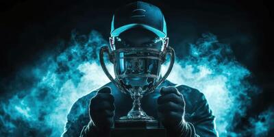 Champion holding a trophy in a dramatic atmosphere with glowing blue lights, showcasing determination and success photo