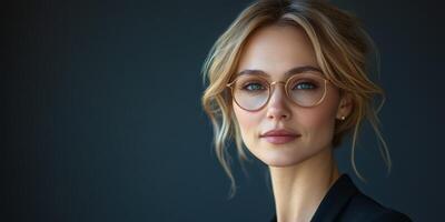 Confident woman with glasses poses against a dark background in a modern setting, exuding sophistication and intelligence photo