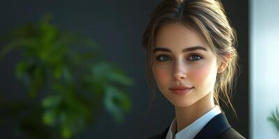 Young professional woman smiling confidently in a modern office environment with greenery photo