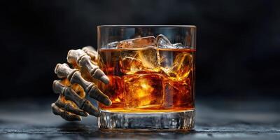 Glass of whiskey with ice and a skeleton hand resting on the side in a dark ambiance photo