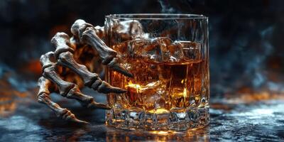 Whiskey glass with ice beside a skeletal hand in a dark, atmospheric setting during a spooky nighttime photo