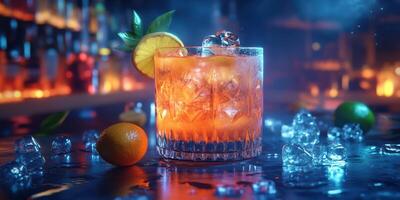 Refreshing cocktail served in ornate glass with citrus garnishes and ice in a lively bar atmosphere during the evening photo