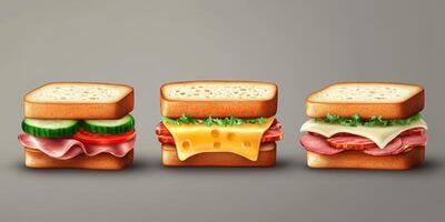 Tasty cold sandwiches lined up on a neutral background showcasing fresh ingredients and delicious varieties photo