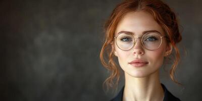 Sophisticated young woman in glasses poses confidently against a textured backdrop photo