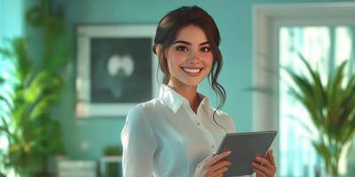 Happy woman holding a tablet in a bright room with plants and artwork during the day photo