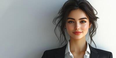 Confident young woman in elegant suit poses against minimalistic background in modern professional setting photo